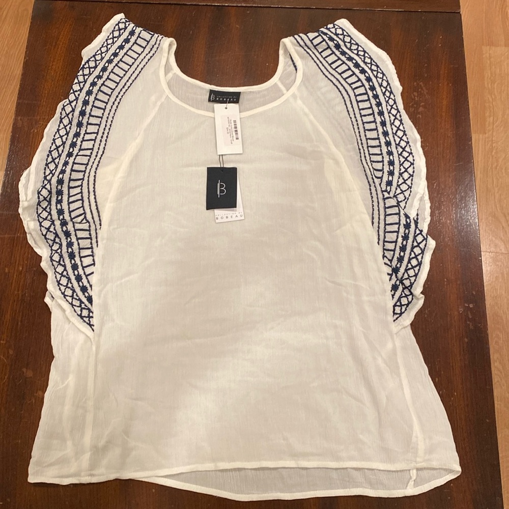 NWT-White and Navy Blue Embroidered Blouse -
